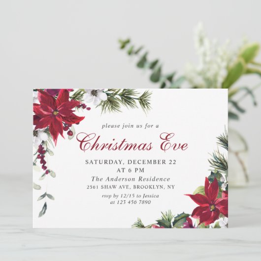 Feierliche Rote Poinsettia Weihnachtsfeiertag Part Einladung (Stehend Vorderseite)