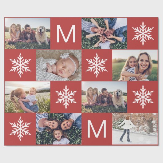 Feierliche Rote Schneeflocken Foto Collage Weihnac Geschenkpapier (Flach)