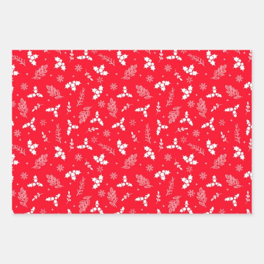 Feierliche Rote Schneeflocken Holly and Berries Geschenkpapier Set (Vorderseite 2)