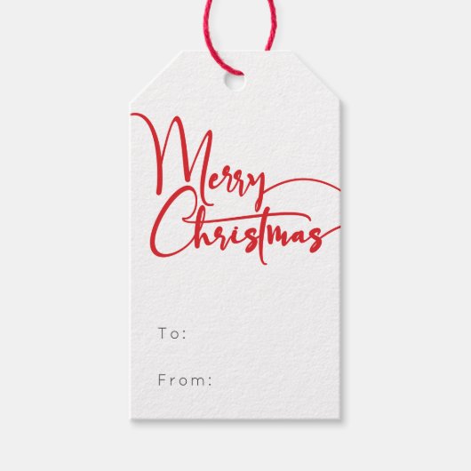 Feierliche rote Skripte frohe Weihnachten zu und v Geschenkanhänger (Vorderseite)