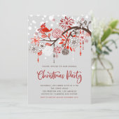 Feierliche Rote Vögel und Blume Weihnachts-Party Einladung (Stehend Vorderseite)