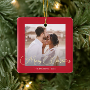 Feierliche Rote Winter Hirsche Foto Weihnachten Keramikornament