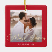 Feierliche Rote Winter Hirsche Foto Weihnachten Keramikornament (Vorderseite)