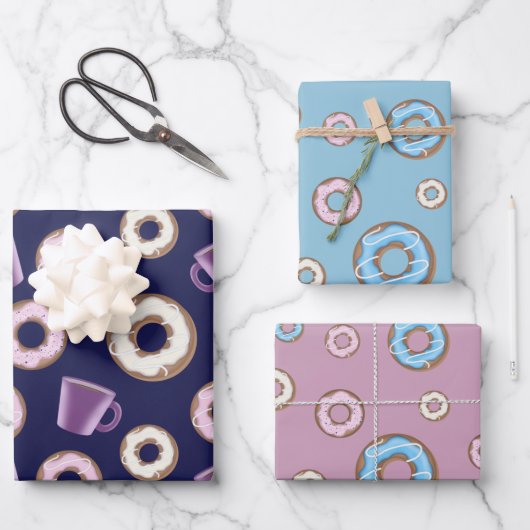 Feierliche Set Tasse Kaffee Süßes Donuts Geschenkpapier Set (Vorderseite)