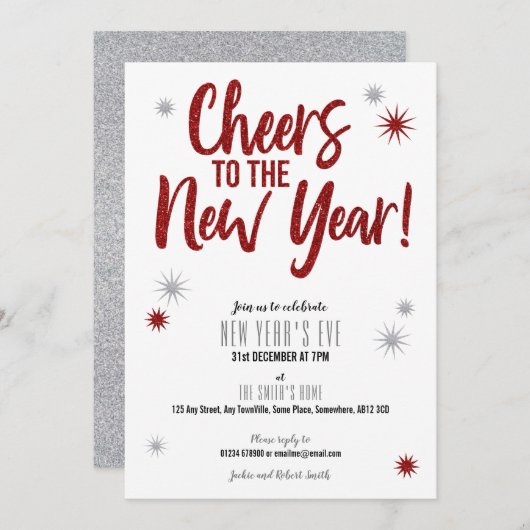 Feierliche Silver & Red Silver Silvester Einladung (Vorne/Hinten)