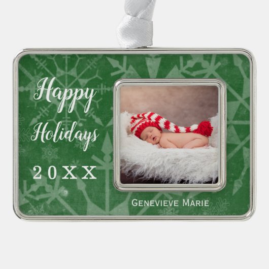 Feierliche Snowflake Keepake Jahr Foto Rahmen-Ornament Silber (Vorderseite)