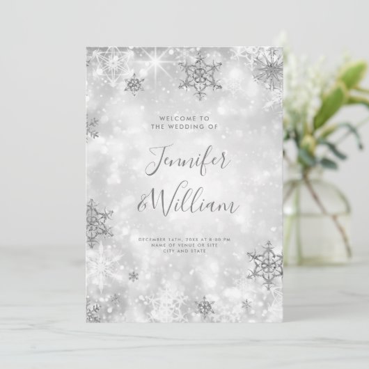 Feierliche Sparkle Silver Winter Hochzeit Programm (Stehend Vorderseite)