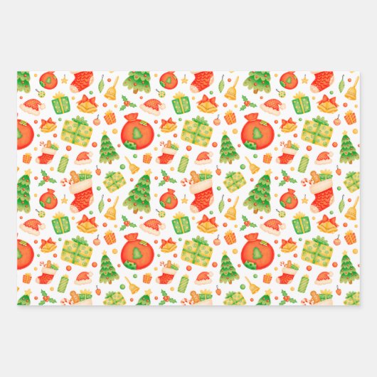 Feierliche und farbenfrohe Weihnachtsmuster Geschenkpapier Set (Vorderseite)