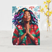 Feierliche und serene Weihnachts Schwarze Frau bet Karte (Gelbe Blume)