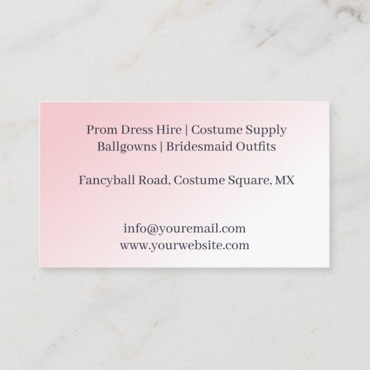 Feierliche Vermietung von Ballgown Visitenkarte (Rückseite)