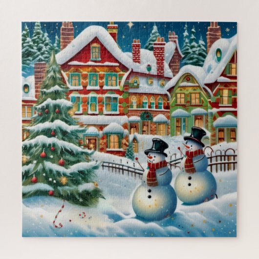 Feierliche, verschneite Dorfszene. Puzzle (Vertikal)