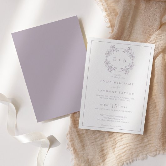 Feierliche Vintage Lavendel-Monogramm-Hochzeit Einladung