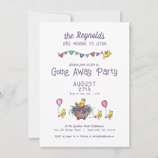 Feierliche Vogelparade auf dem Weg zum Party Einladung (Vorderseite)