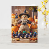 Feierliche Vogelscheuche und Kürbispfeifen Karte (Gelbe Blume)