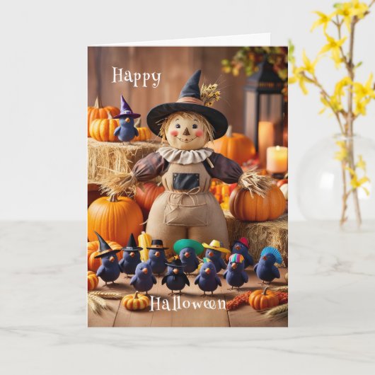 Feierliche Vogelscheuche und Kürbispfeifen Karte (Gelbe Blume)