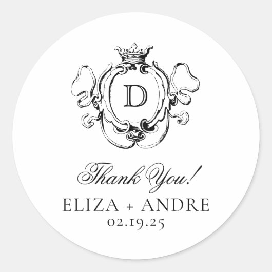 Feierliche Wappen Schwarz-Weiß-Monogramm-Hochzeit Runder Aufkleber (Vorderseite)