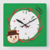 Feierliche Weihnachten im Schneemann Grün Quadratische Wanduhr (Vorderseite)