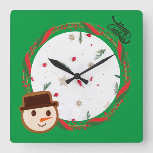 Feierliche Weihnachten im Schneemann Grün Quadratische Wanduhr (Vorderseite)