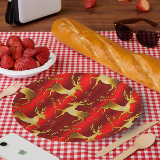 Feierliche Weihnachten mit Gold und Rotem Rentier Pappteller (Picknick)