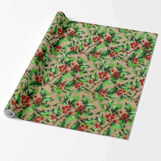 Feierliche Weihnachten Red Holly Berries Kraft Geschenkpapier (Ungerollt)