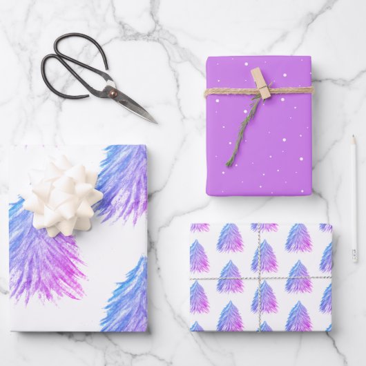 Feierliche Weihnachtsbaume Wasserfarben Urlaub Geschenkpapier Set (Vorderseite)