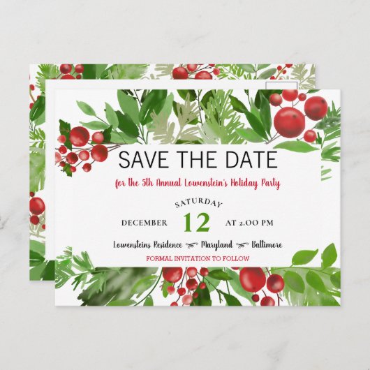 Feierliche Weihnachtsfeier Save the Date Ankündigungspostkarte (Vorne/Hinten)