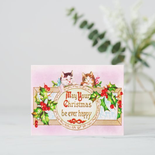 Feierliche Weihnachtsfeiertage Gruß Katzen Holly Postkarte (Stehend Vorderseite)