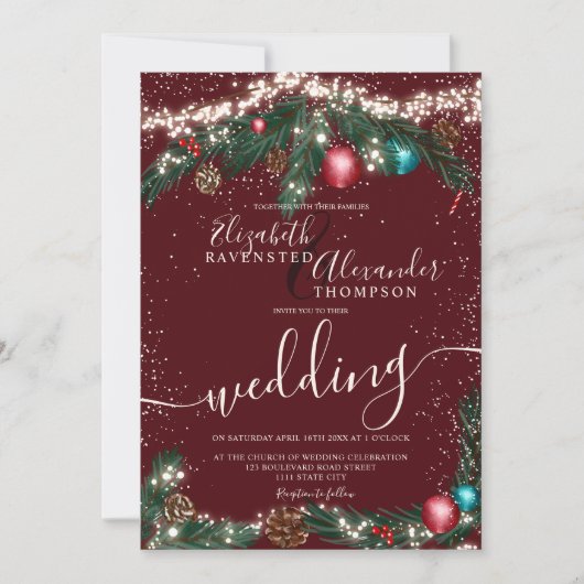 Feierliche Weihnachtslichter Pinienbranntwein Hoch Einladung (Vorderseite)