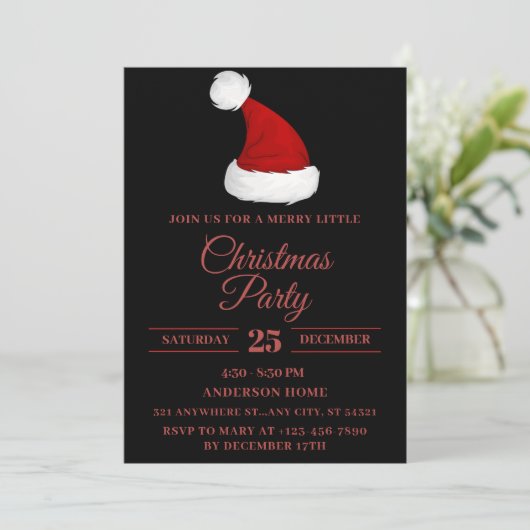 Feierliche Weihnachtsmannmütze, Schwarz-Rot-Party Einladung (Stehend Vorderseite)