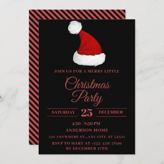 Feierliche Weihnachtsmannmütze, Schwarz-Rot-Party Einladung (Vorne/Hinten)