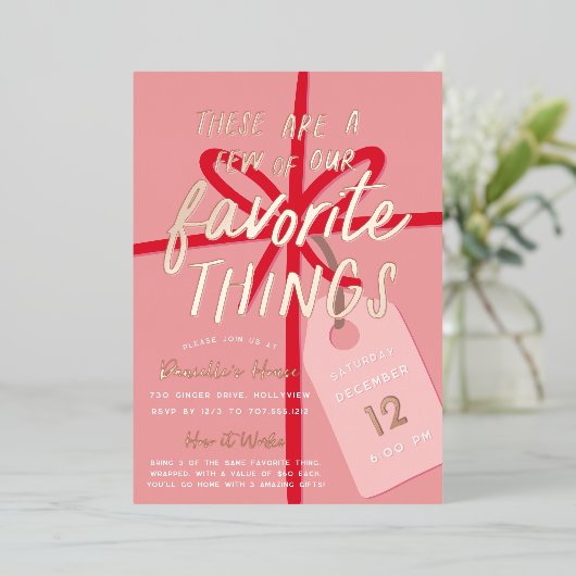 Feierliche Wrap | Holiday Favorite Things Party Folieneinladung (Stehend vorne)