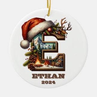 Feierlicher Buchstabe E Winterlandschaft mit Weihn Keramik Ornament