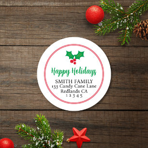 Feierlicher Happy Holidays Holly Return Address La Runder Aufkleber