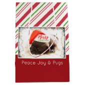 Feierlicher Mops in Roter Weihnachtsmannmütze mit  Mittlere Geschenktüte (Vorderseite)