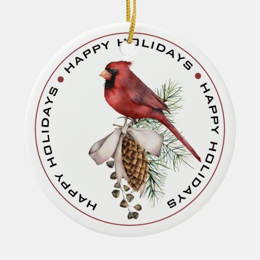 Feierlicher Roter Kardinal mit Pine Cone Happy Hol Keramik Ornament (Vorne)