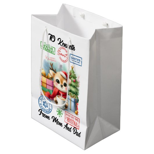 Feierlicher Sack mit fröhlichen Weihnachten Mittlere Geschenktüte (Vorderseite Schrägansicht)