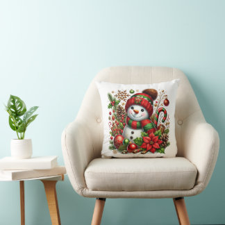 Feierlicher Schneemann in Rot und Grün Kissen