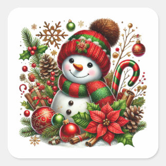 Feierlicher Schneemann in Rot und Grün Quadratischer Aufkleber