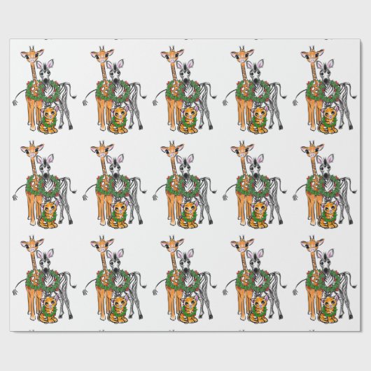 Feierlicher Urlaub Giraffe, Zebra, Tiger Geschenkpapier (Flach)