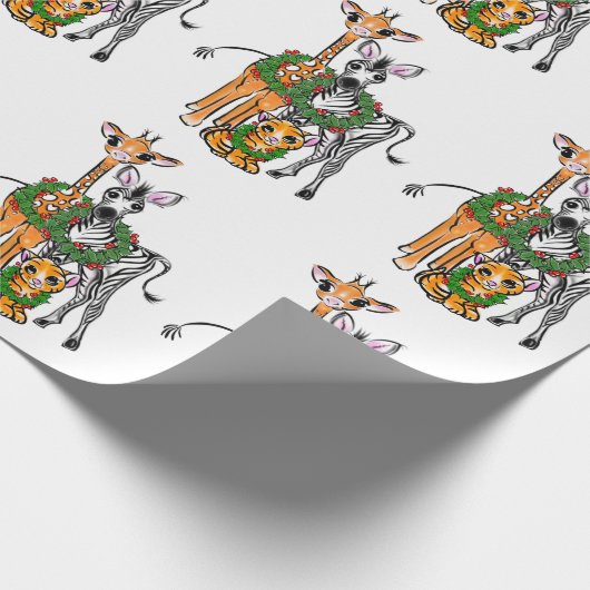 Feierlicher Urlaub Giraffe, Zebra, Tiger Geschenkpapier (Ecke)
