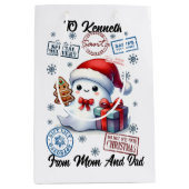 Feierlicher Urlaubssack mit fröhlichen Geschenken Mittlere Geschenktüte (Vorderseite)