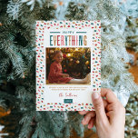 Feierliches Glück Alles 4 Foto Feiertagskarte<br><div class="desc">Moderne, individuell bedruckte Weihnachtskarten mit einer einfachen DIY-Vorlage zum Anpassen. Dieses festliche Design zeichnet sich durch farbenfrohe Typografie und einen niedlichen abstrakten Punktehintergrund in gedämpften Rot-, Grün-, Gold- und Rosatönen aus. Fügen Sie Ihre Fotos, persönliche Begrüßung, Namen und das Jahr. Verwenden Sie die Entwurfswerkzeuge, um die Schriftart und Farben zu...</div>