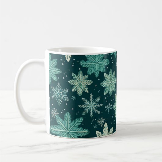Feierliches, grün-gelbes Snowflake-Urlaubsmuster Kaffeetasse (Links)