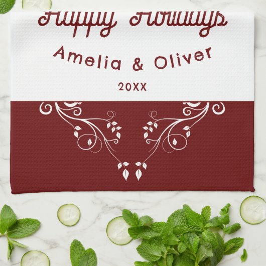 Feierliches Happy Holidays Foliage Red Couple Foto Geschirrtuch (Gefaltet)