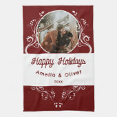 Feierliches Happy Holidays Foliage Red Couple Foto Geschirrtuch (Vertikal)