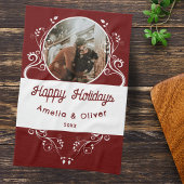 Feierliches Happy Holidays Foliage Red Couple Foto Geschirrtuch