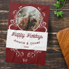 Feierliches Happy Holidays Foliage Red Couple Foto Geschirrtuch