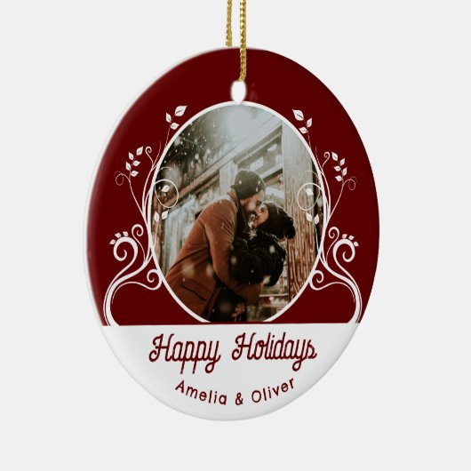 Feierliches Happy Holidays Foliage Red Couple Foto Keramik Ornament (Rechts)