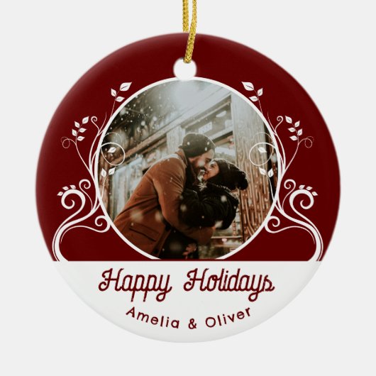 Feierliches Happy Holidays Foliage Red Couple Foto Keramik Ornament (Vorne)