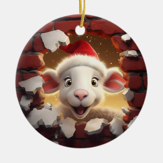Feierliches Lamm in Weihnachtsmannmütze - 3D Keramik Ornament (Vorne)